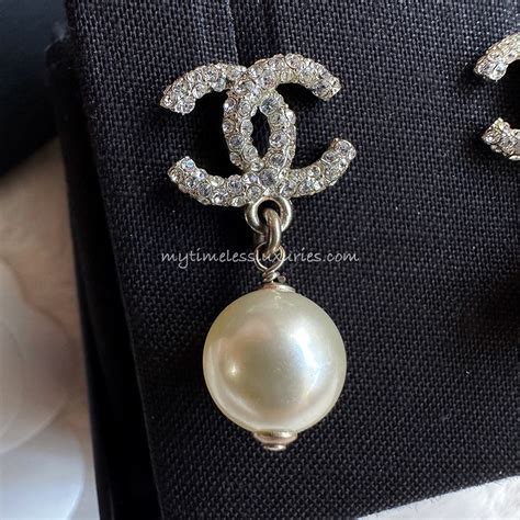 chanel pave crystal cc pearl drop earrings